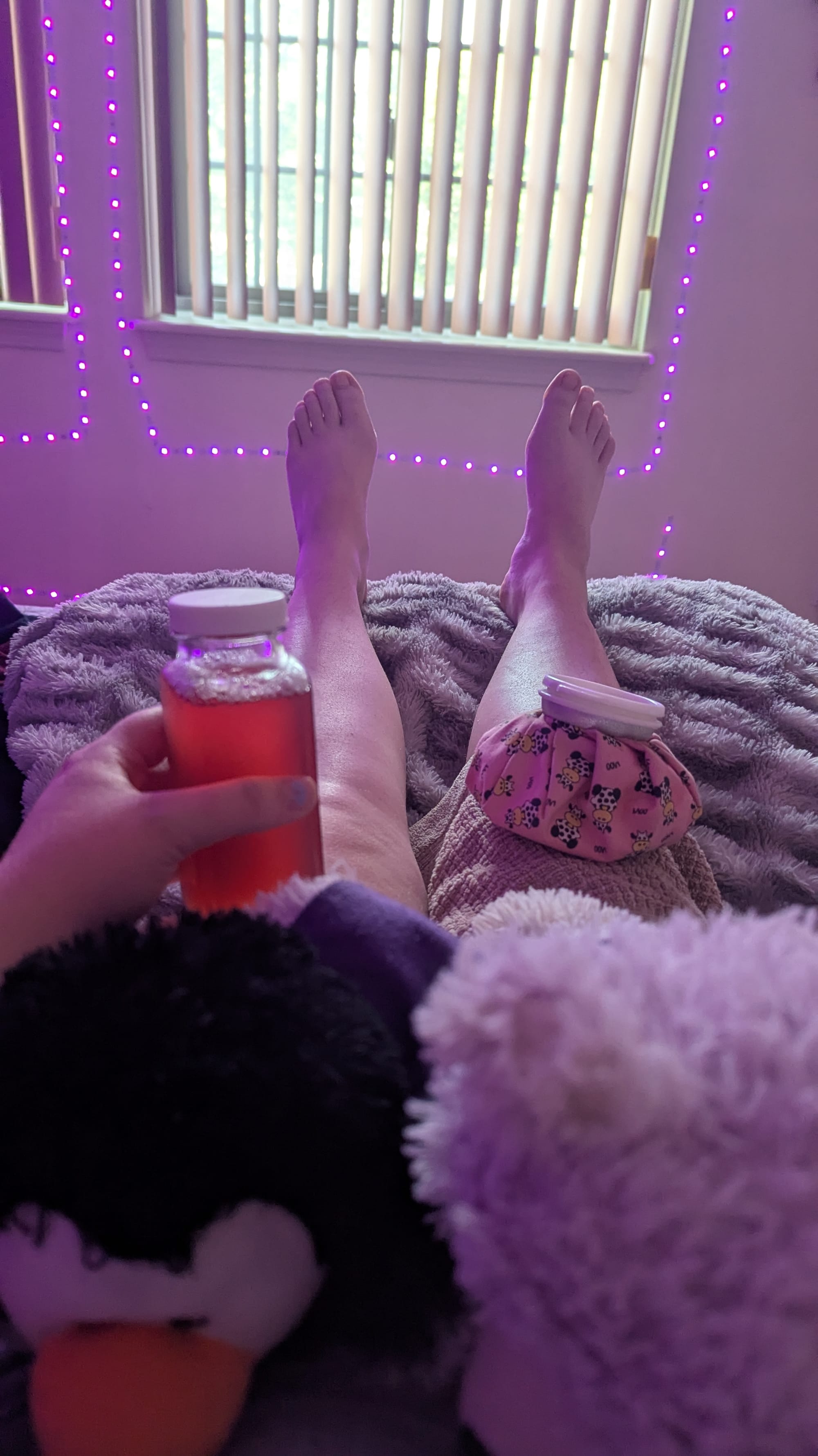 close up of two stuffed animals sitting on PJs lap, her legs are extended on a grey blanket in front of her, shes holding a cup of iced tea, has a pink ice pack on one knee. there is a window in the background surrounded by purple led lights