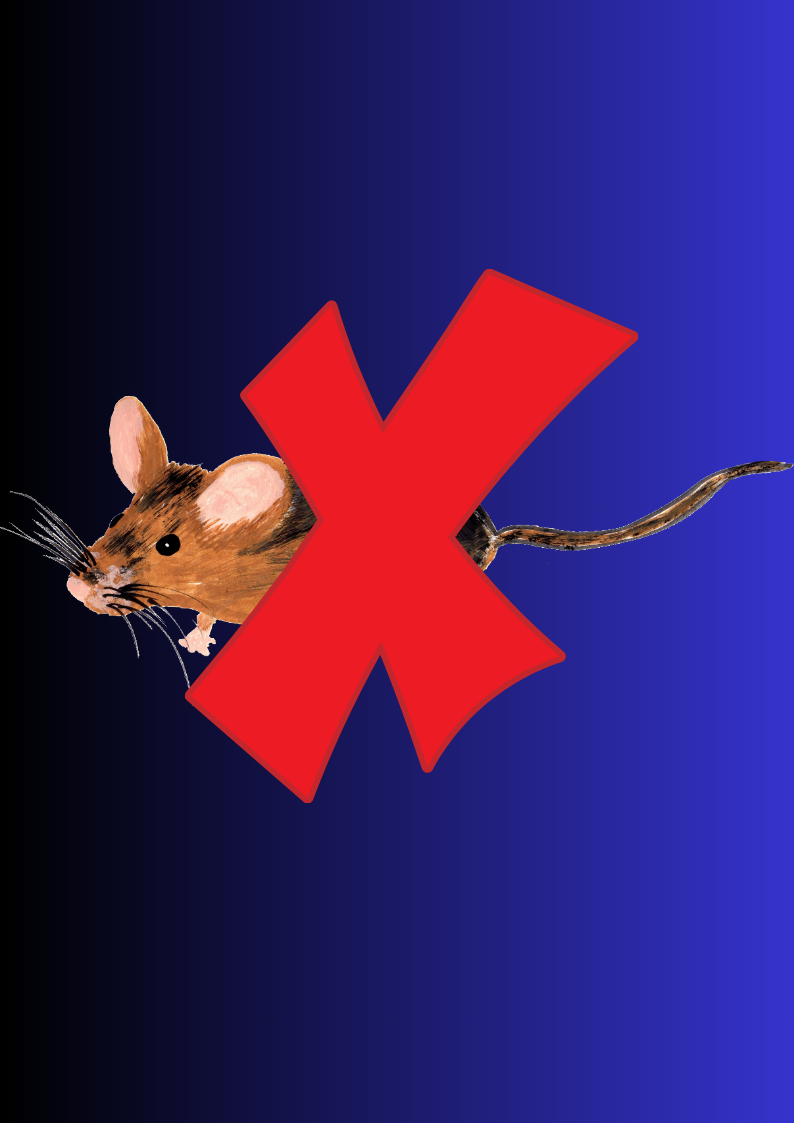dark blue gradient background color with a brown and black painted style mouse, covered with a large red letter X