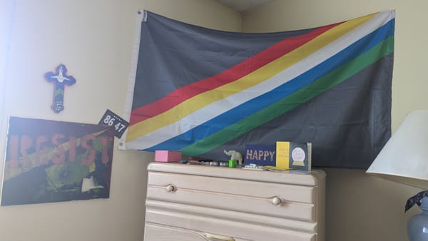 A torn painting with orange stencil lettering reading RESIST. An "86 47" bumper sticker. A blue painted cross, A dresser with several greeting cards on it and a j