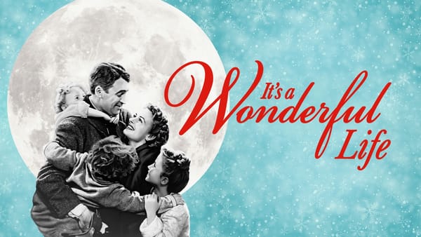 movie poster: Red scripted text reads " It's a wonderful life" there is a blue snowy background with a moon, and in front of that is a photo of a family hugging.